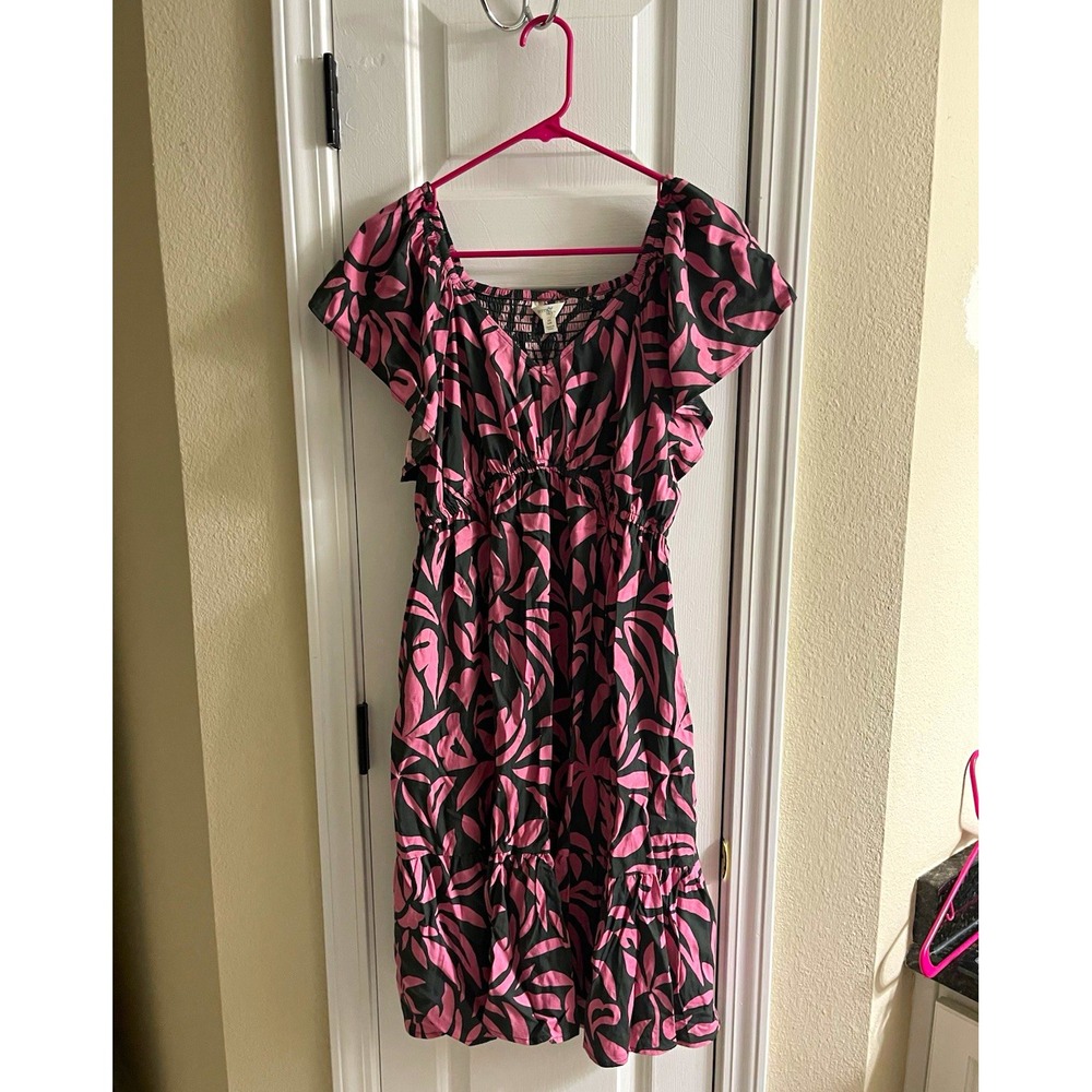 Terra & Sky Floral Pink/Black V-Neck Flutter Sleeve Smocked A-Line Dress 0X